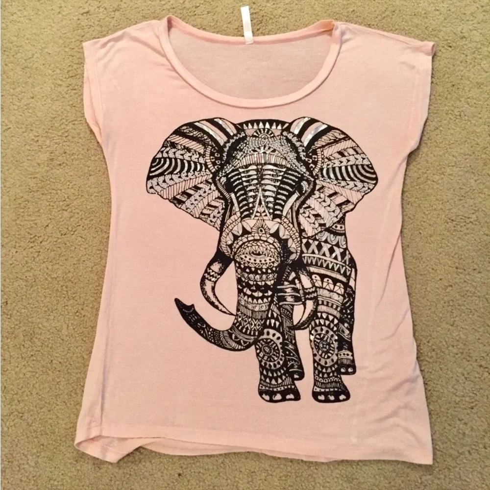 Ocasion Peach Blush Embellished Elephant Print Tee - Picture 2 of 8